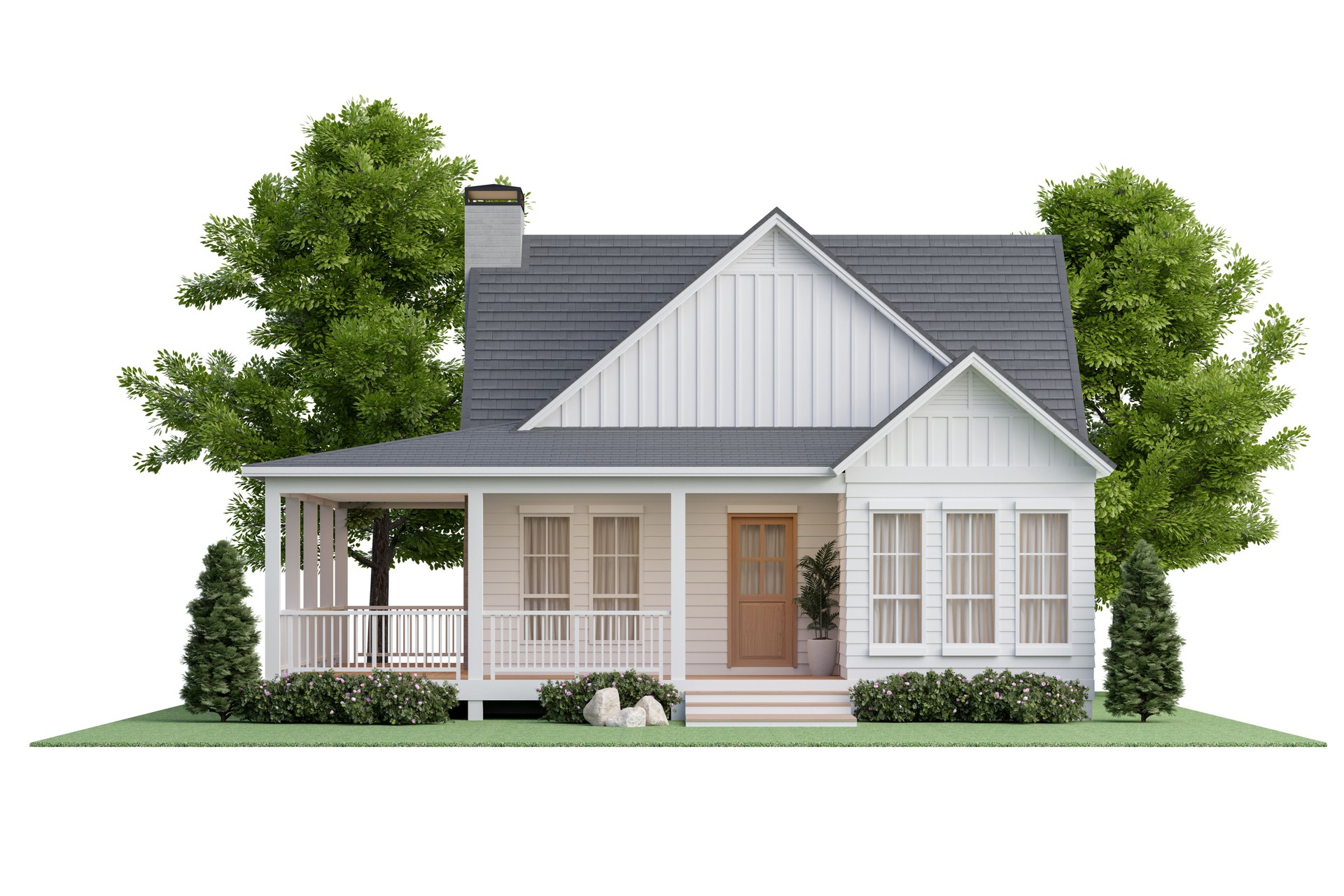 Front view of modern style small cottage house on the green lawn isolated on white background 3d render
